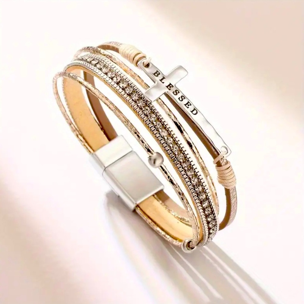 magnetic bracelet with cross blessed silver‎ tone